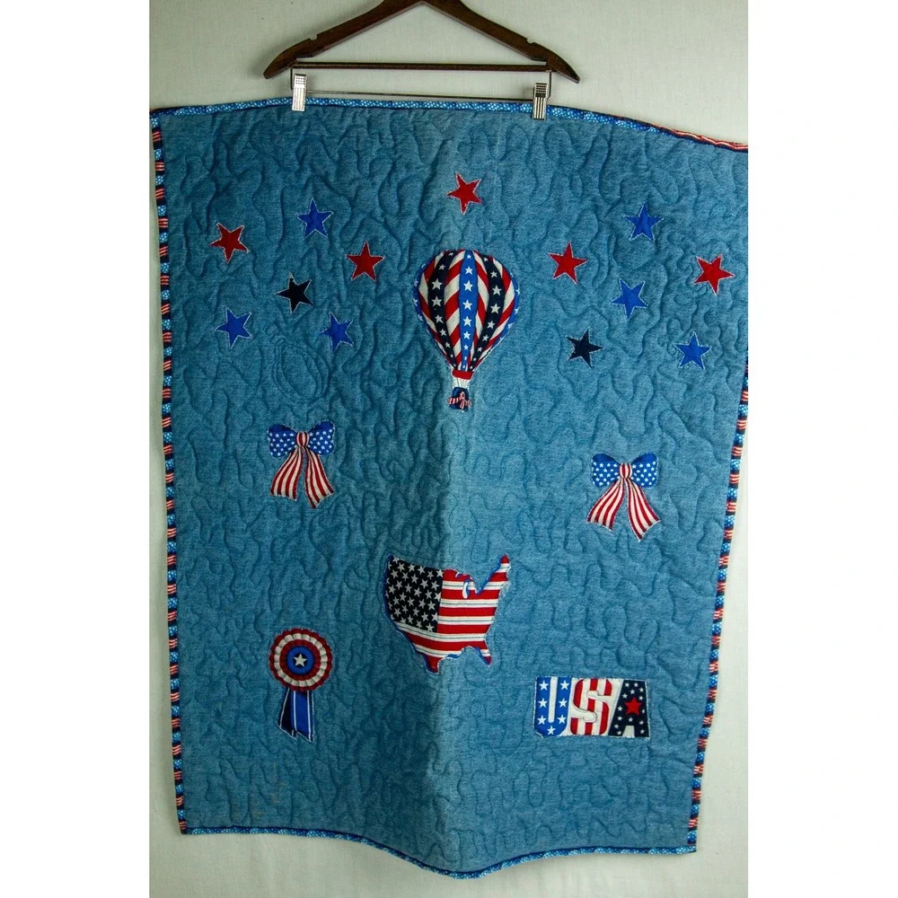 Handmade Patriotic Denim Quilt Americana USA Stars Kids Throw Applique 34 x 41